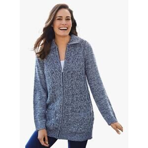 Woman Within Cardigan Sweater Plus Size L 18/20 Zip Up Long Sleeve Black White